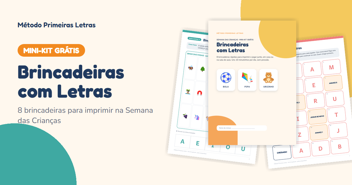 Páginas do mini-kit Brincadeiras com Letras: bingo das vogais, trilha das letras e capa