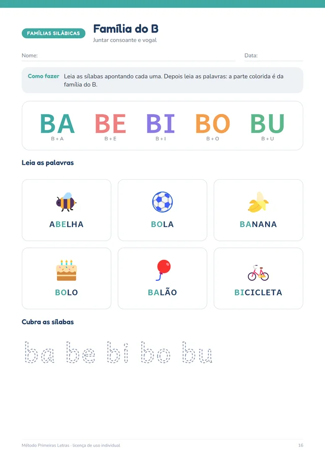 Página da família silábica do B