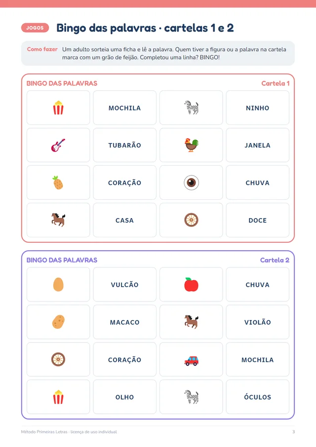 Cartelas do bingo das palavras